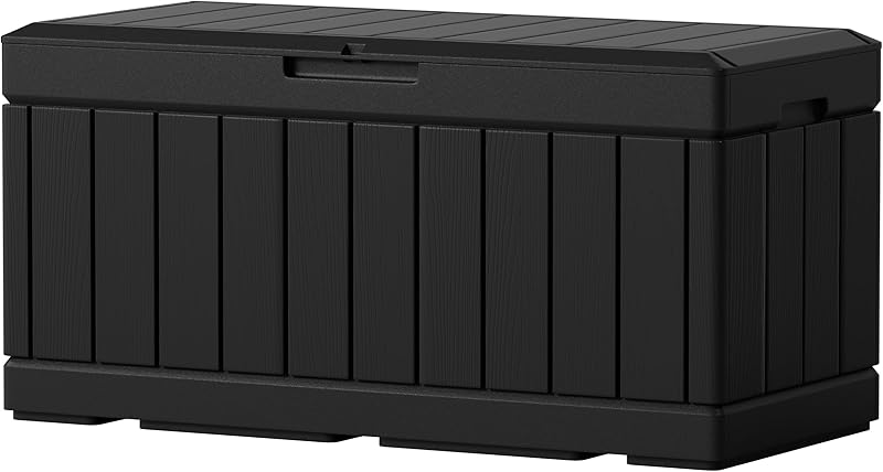 Gallon Large Resin Deck Box Waterproof Outdoor Storage with Padlock Indoor Outdoor Organization and Storage Container for Patio Furniture Cushions, Garden Tools